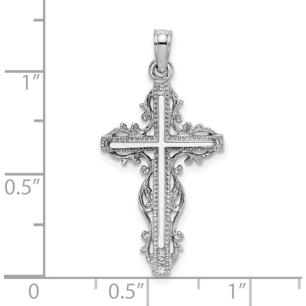 14K White Gold Cross Pendant with Lace Trim - Polished Finish by Oro Pregiato