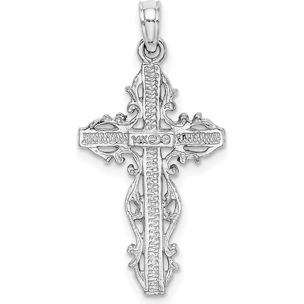 14K White Gold Cross Pendant with Lace Trim - Polished Finish by Oro Pregiato