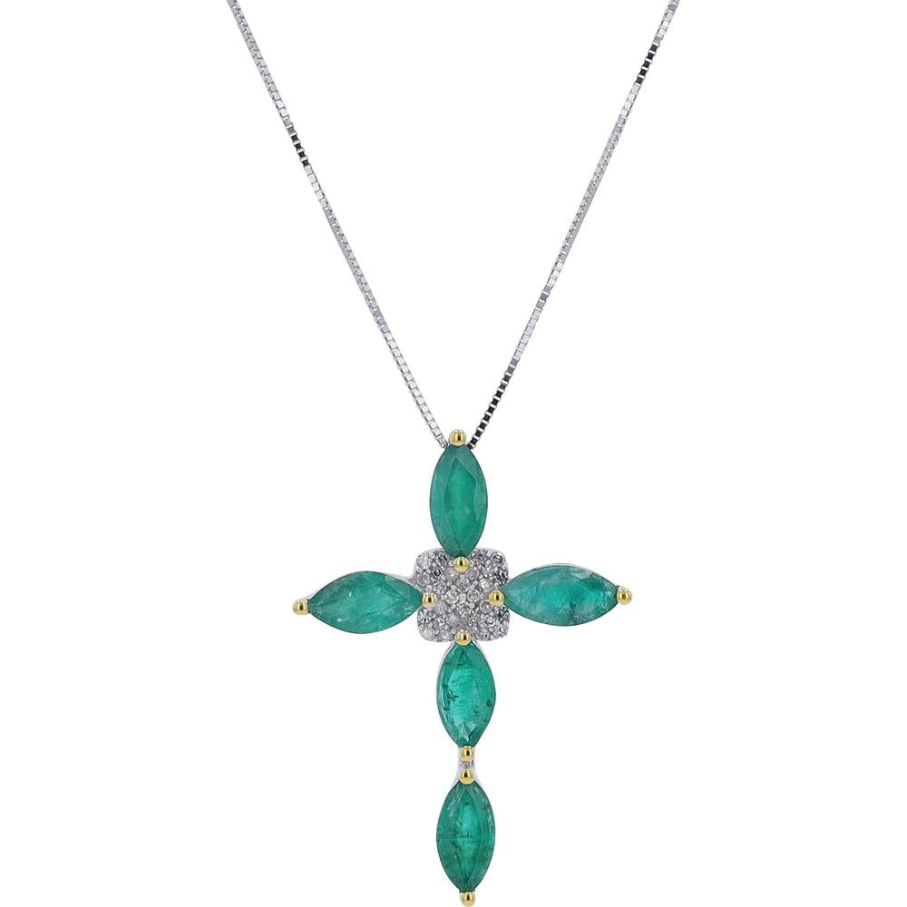 14K White Gold Cross Pendant with Marquise Emeralds and Pave Diamonds - 0.07 Carats Diamond Total Weight