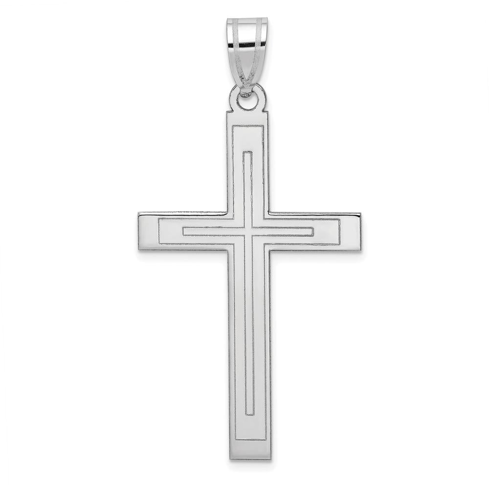 14K White Gold Cross Pendant with Polished Finish and Rhodium Plating - 50mm Length by Oro Pregiato