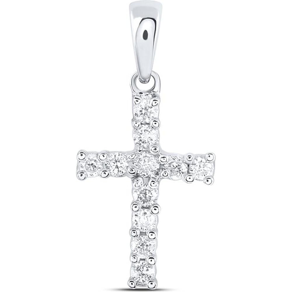 14K White Gold Cross Pendant with Prong-Set Round Diamonds - 0.11 Carat Total Diamond Weight