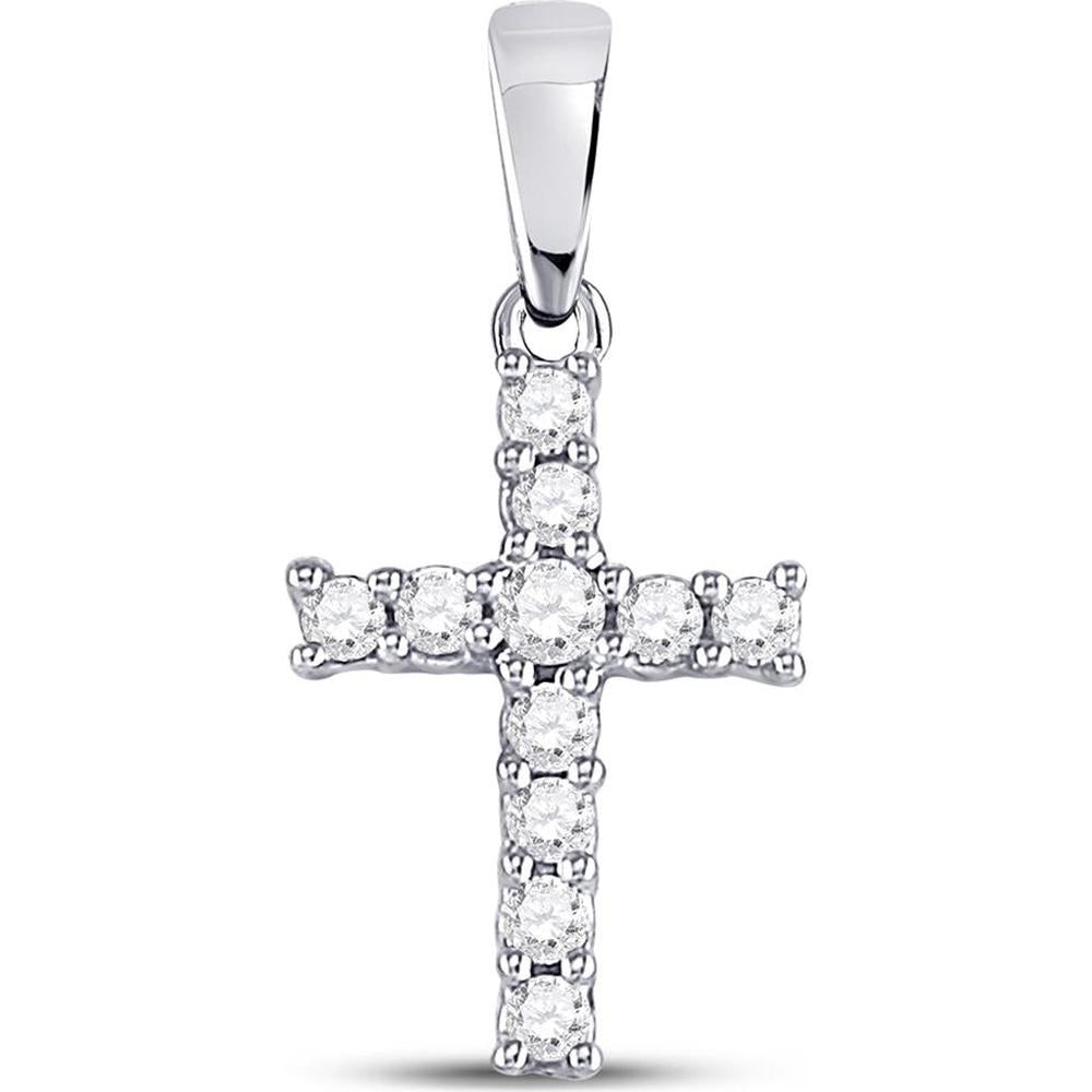 14K White Gold Cross Pendant with Prong-Set Round Diamonds - 0.11 Carat Total Diamond Weight