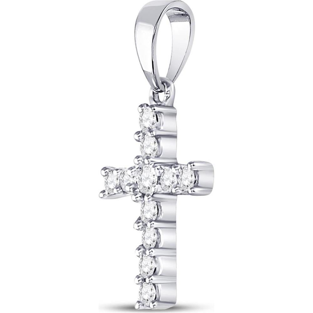 14K White Gold Cross Pendant with Prong-Set Round Diamonds - 0.11 Carat Total Diamond Weight