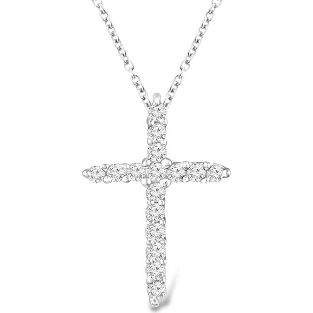 14K White Gold Cross Pendant with Prong-Set Round Diamonds - 0.13 Carat Total Diamond Weight by Auriventus