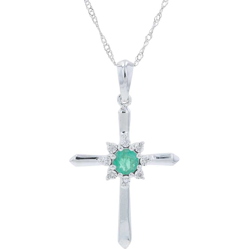 14K White Gold Cross Pendant with Prong-Set Round Emerald and Diamond Halo - 0.25-0.30 Carat Emerald and 0.02 Carat Total Diamond Weight