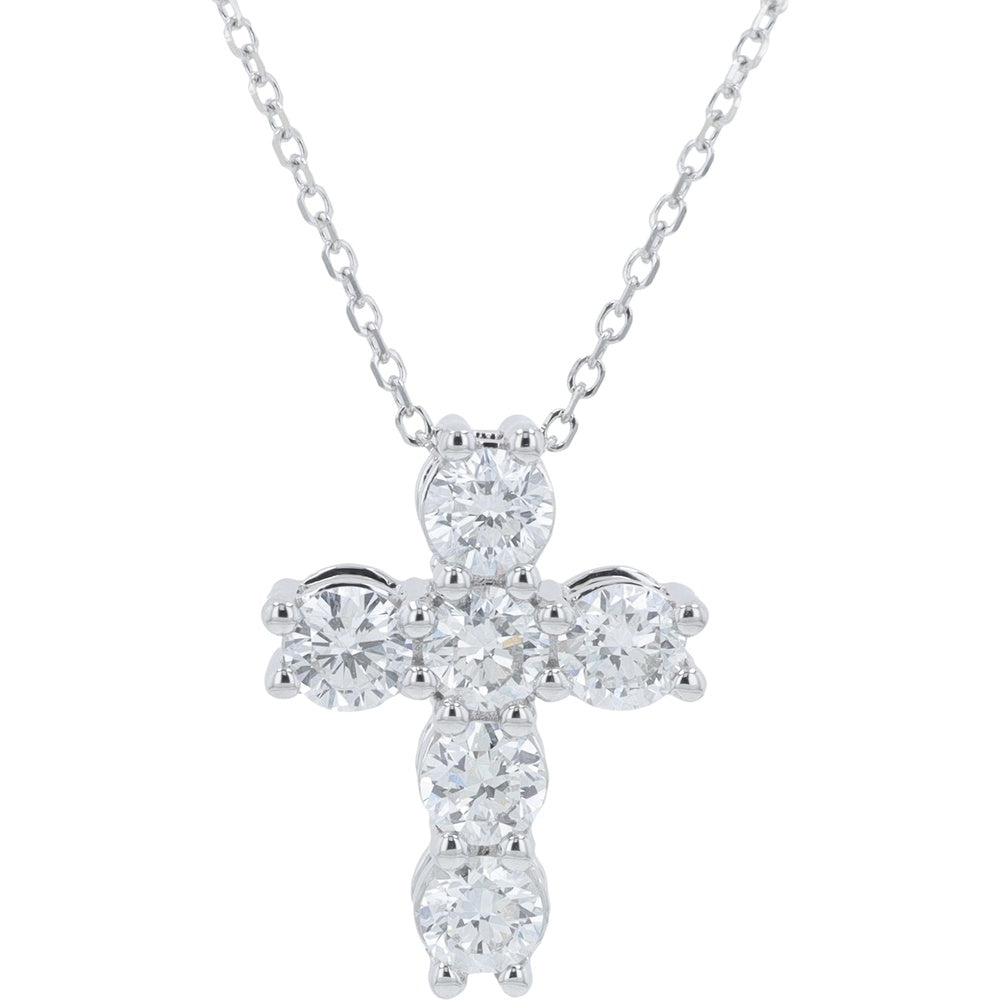 14K White Gold Cross Pendant with Prong-Set Round Lab Grown Diamonds - 1.00 Carat Total Diamond Weight