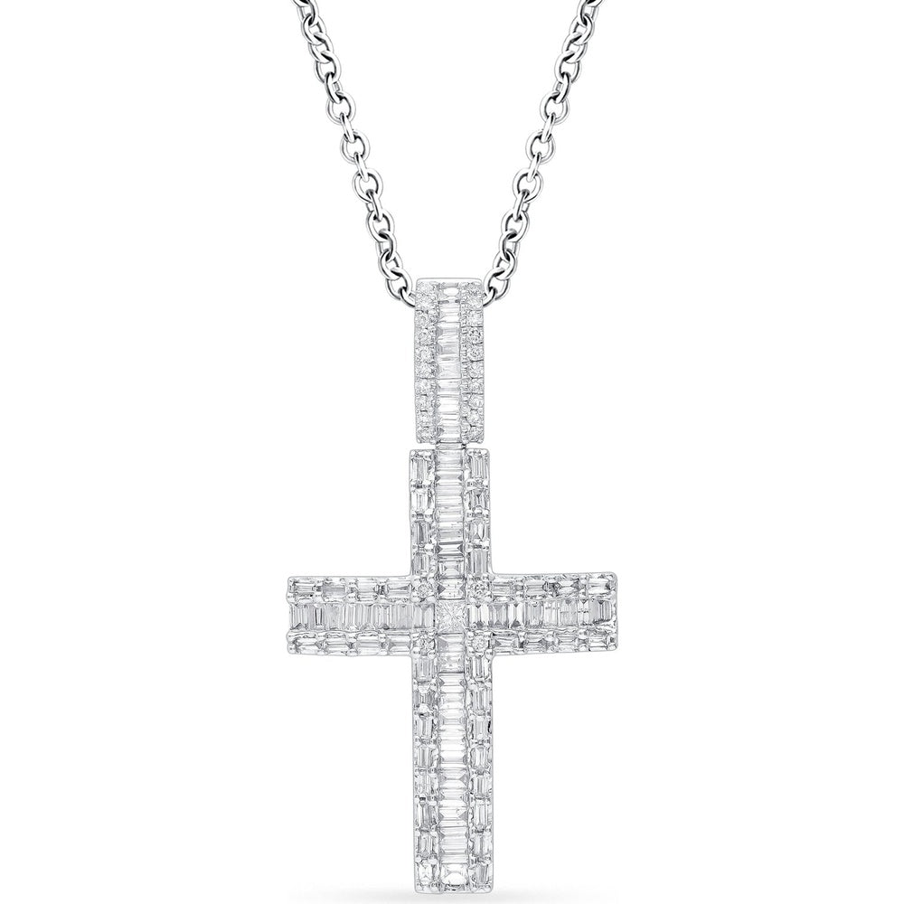 14K White Gold Cross Pendant with Round and Baguette Diamonds - 0.86 Carat Total Diamond Weight by Auriventus