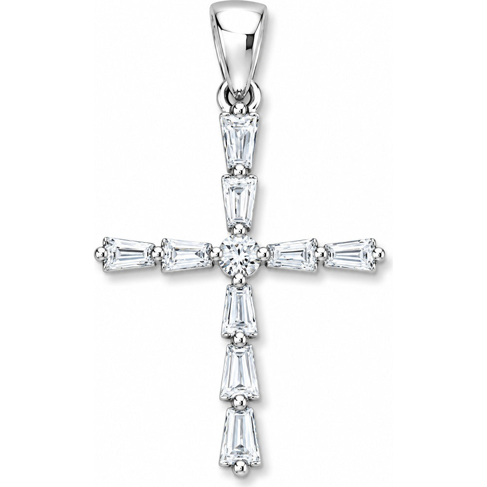 14K White Gold Cross Pendant with Round and Tapered Baguette Diamonds - 0.45 Carat Total Diamond Weight by Auriventus