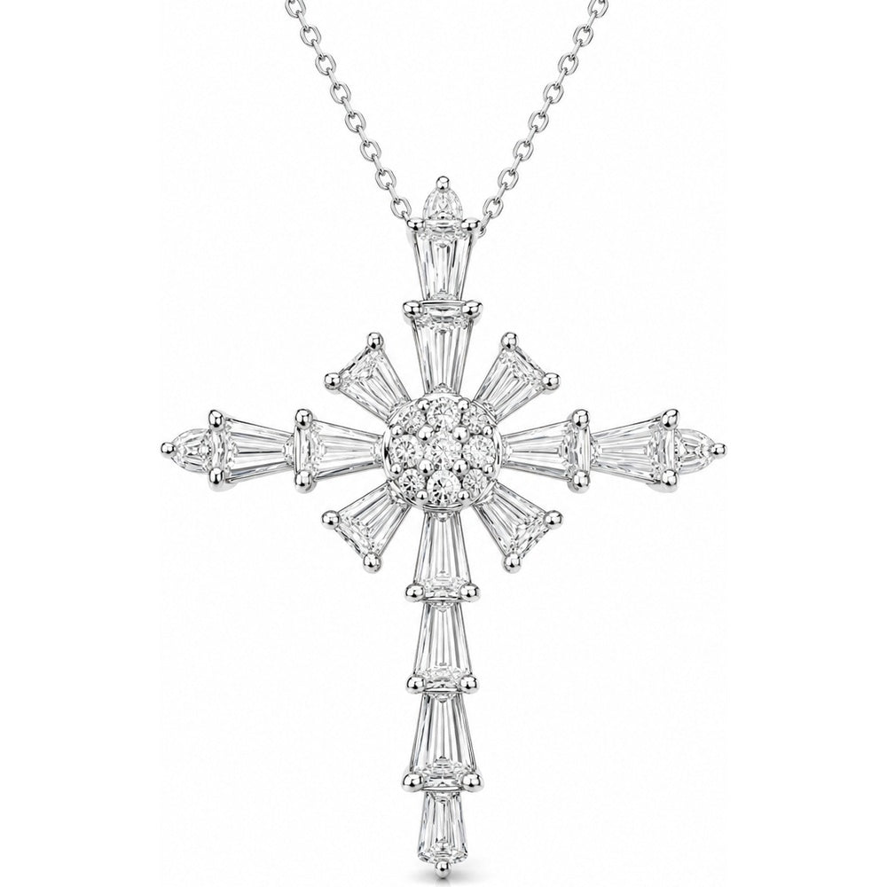 14K White Gold Cross Pendant with Round and Tapered Baguette Diamonds - 1.20 Carat Total Diamond Weight by Auriventus