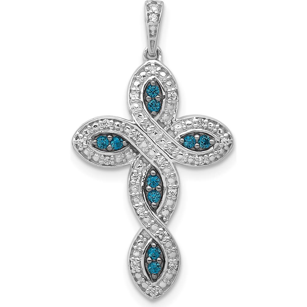 14K White Gold Cross Pendant with Round Blue and White Diamonds - 0.23 Carat Total Diamond Weight by Monteluci Fine Jewelry
