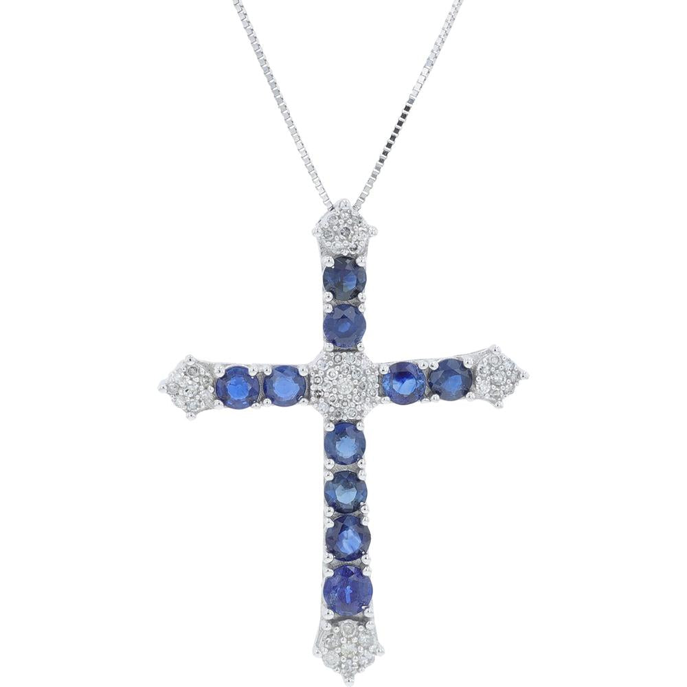 14K White Gold Cross Pendant with Sapphire and Diamond Accents - 1.10 Carat Total Sapphire Weight, 0.17 Carat Total Diamond Weight