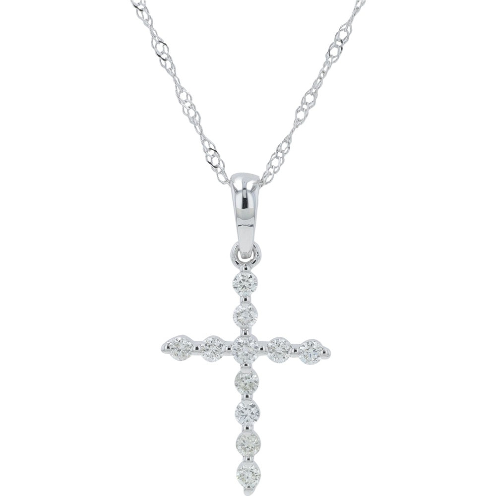 14K White Gold Cross Pendant with Shared-Prong Set Round Brilliant Diamonds - 0.25 Carat Total Diamond Weight