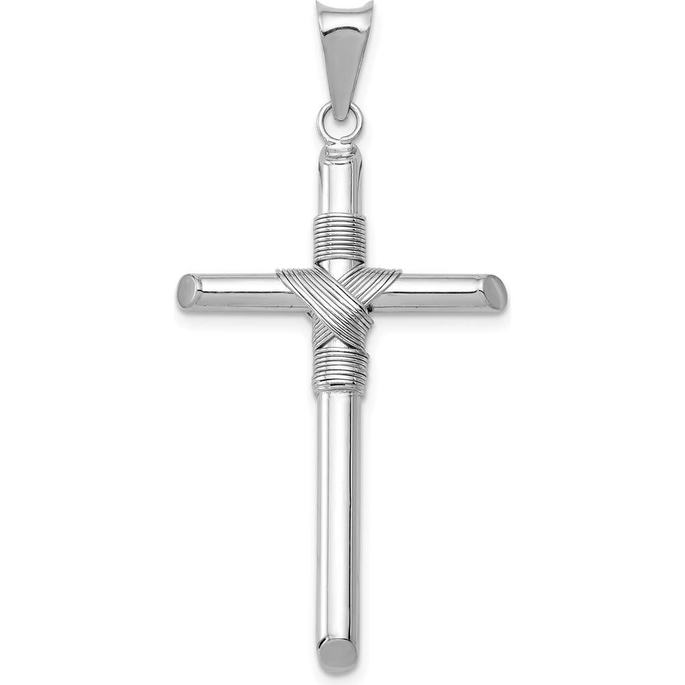 14K White Gold Cross Pendant with Tube Wrap Design and Rhodium Plating - 44.09mm Long by Oro Pregiato