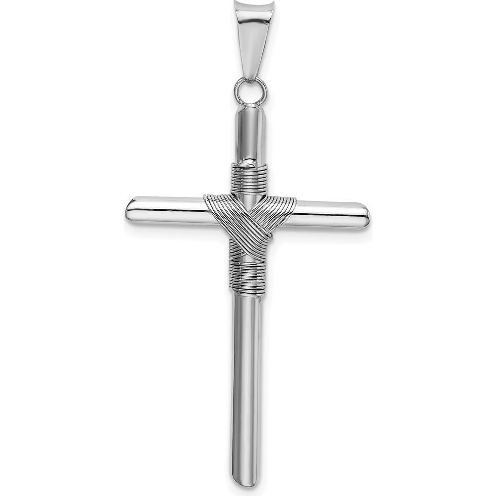 14K White Gold Cross Pendant with Tube Wrap Design and Rhodium Plating - 44.09mm Long by Oro Pregiato