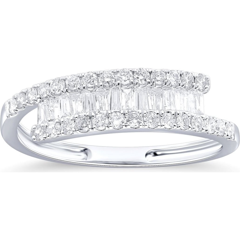 14K White Gold Crossover Fashion Ring with Round and Baguette Diamonds - 0.54 Carat Total Diamond Weight by Auriventus