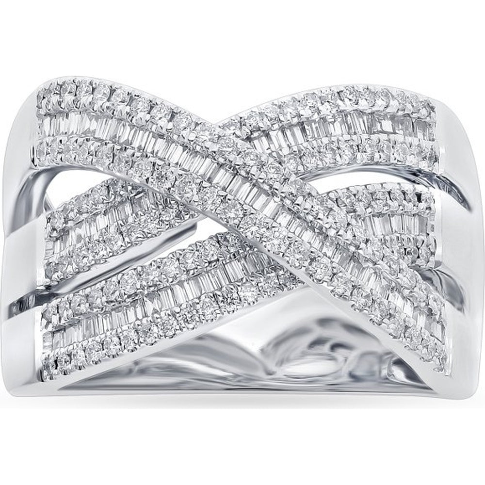 14K White Gold Crossover Multi-Row Ring with Round and Baguette Diamonds - 1.05 Carat Total Diamond Weight by Auriventus