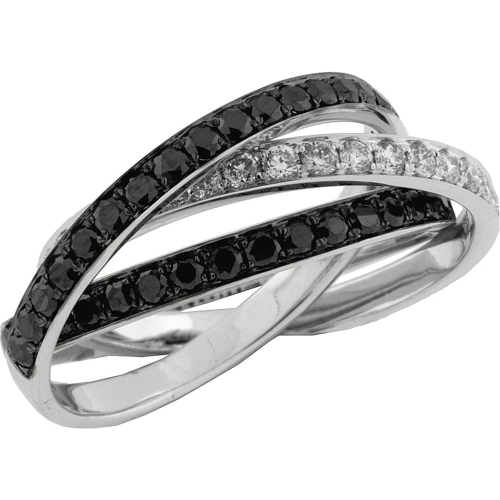 14K White Gold Crossover Ring with Channel Set Round Black and White Diamonds - 1.10 Carat Total Diamond Weight - Royal Jewelry