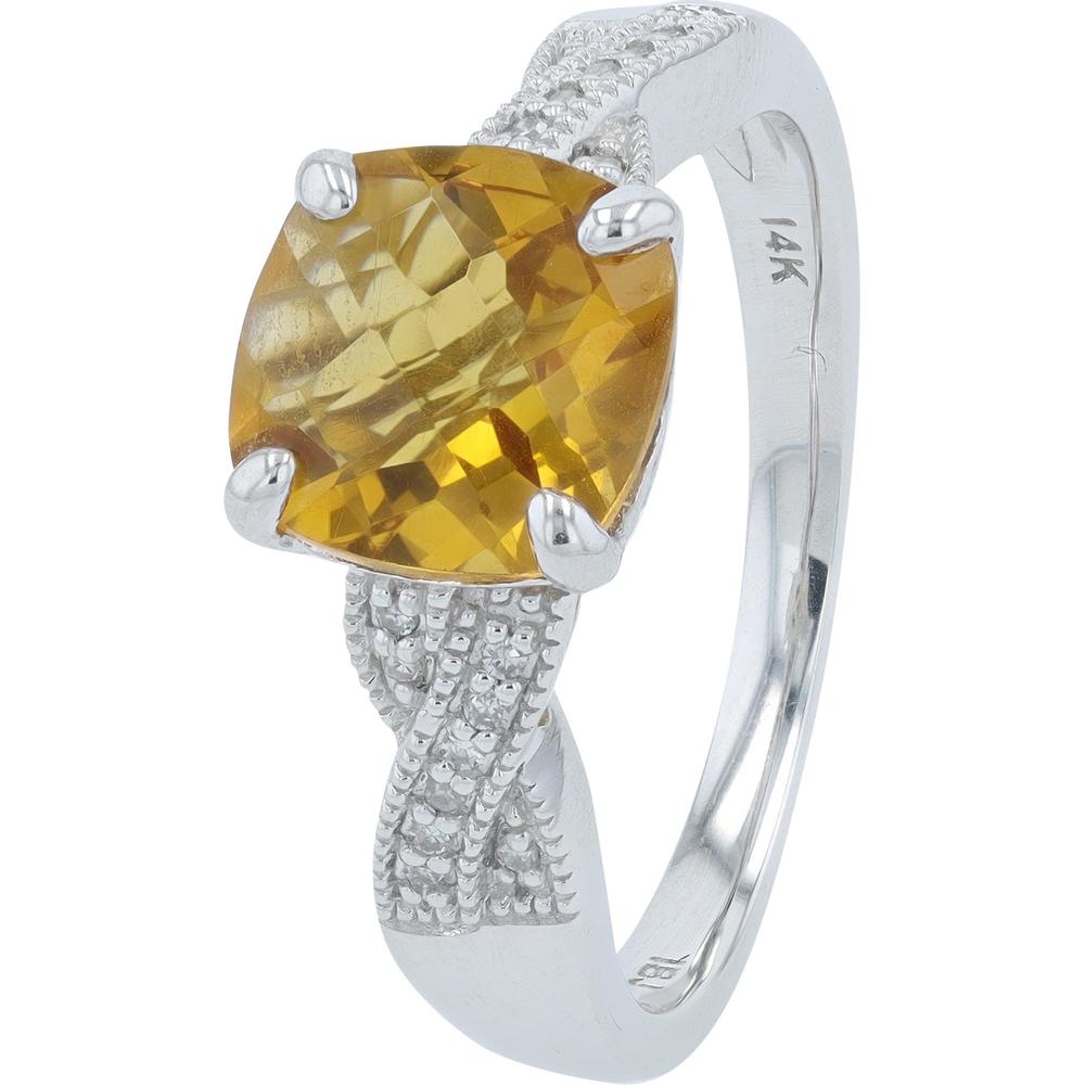 14K White Gold Crossover Ring with Cushion-Cut Citrine and Diamond Accents - 0.06 Carats Total Diamond Weight