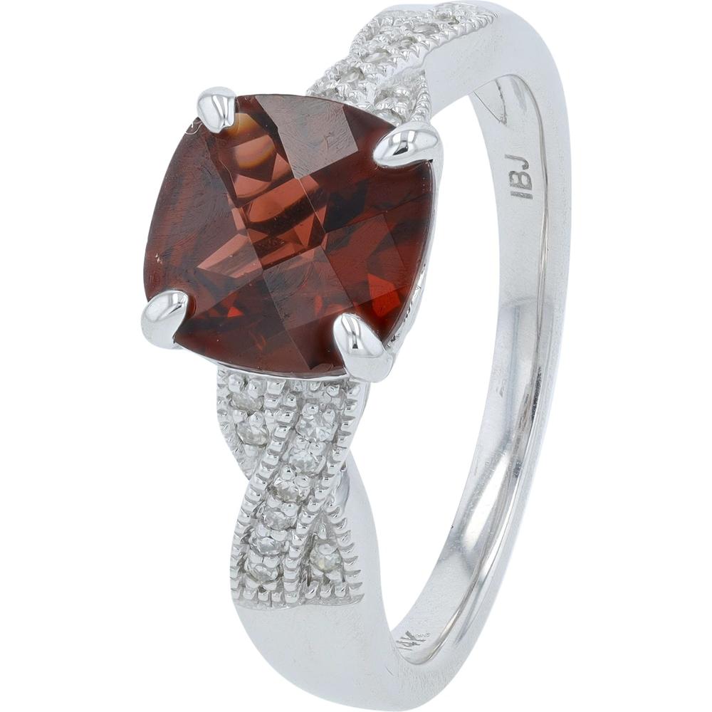 14K White Gold Crossover Ring with Cushion-Cut Garnet and Diamond Accents - 0.06 Carats Total Diamond Weight