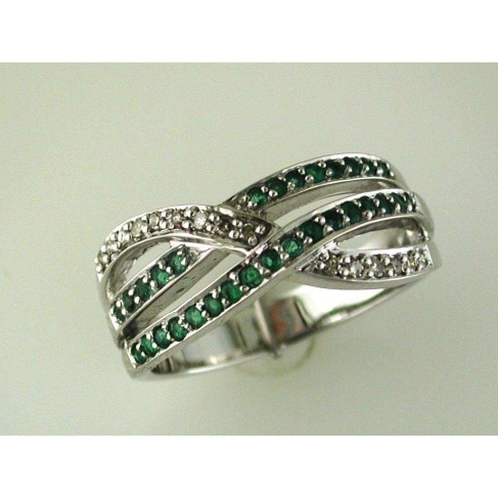 14K White Gold Crossover Ring with Round Emeralds and Diamonds - 0.24 Carat Emerald Total Weight, 0.10 Carat Diamond Total Weight - Royal Jewelry