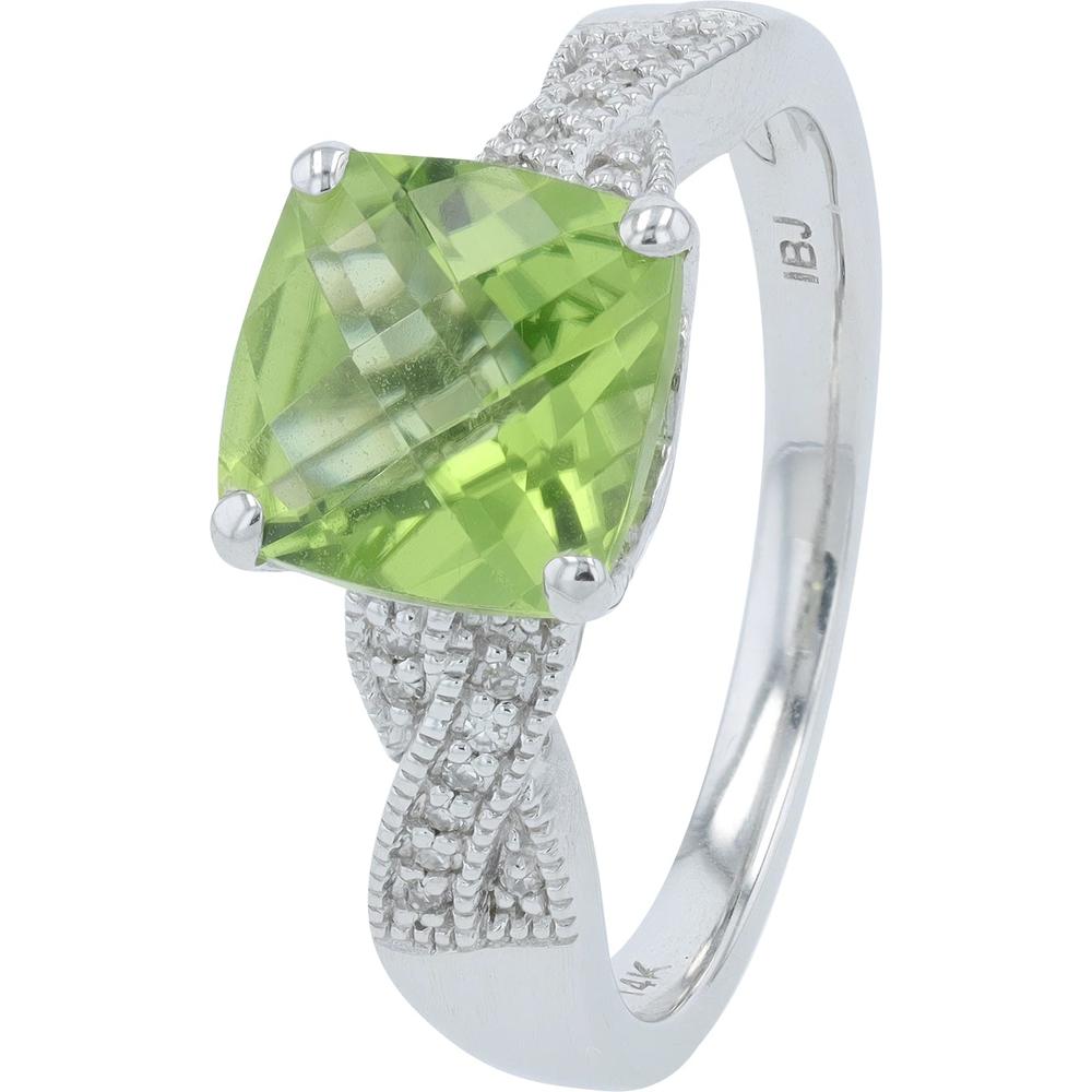 14K White Gold Crossover Ring with Square-Cut Peridot and Diamond Accents - 0.06 Carats Total Diamond Weight