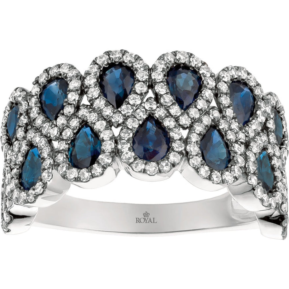 14K White Gold Crown Halo Ring with Pear-Cut Sapphires and Round Diamonds - 2.65 Carat Total Sapphire Weight and 0.77 Carat Total Diamond Weight - Royal Jewelry