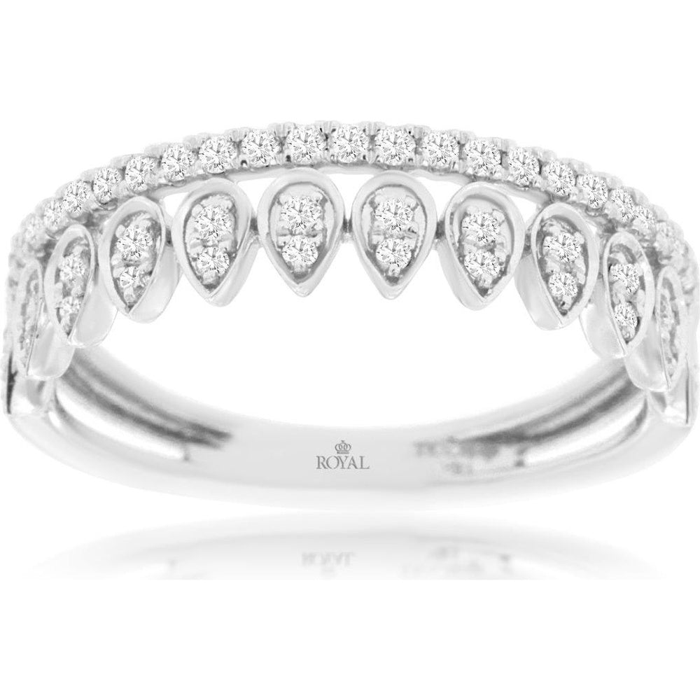 14K White Gold Crown-Inspired Wedding Band with Pear-Shaped Diamond Motifs and Milgrain Detail - 0.32 Carat Total Diamond Weight - Royal Jewelry