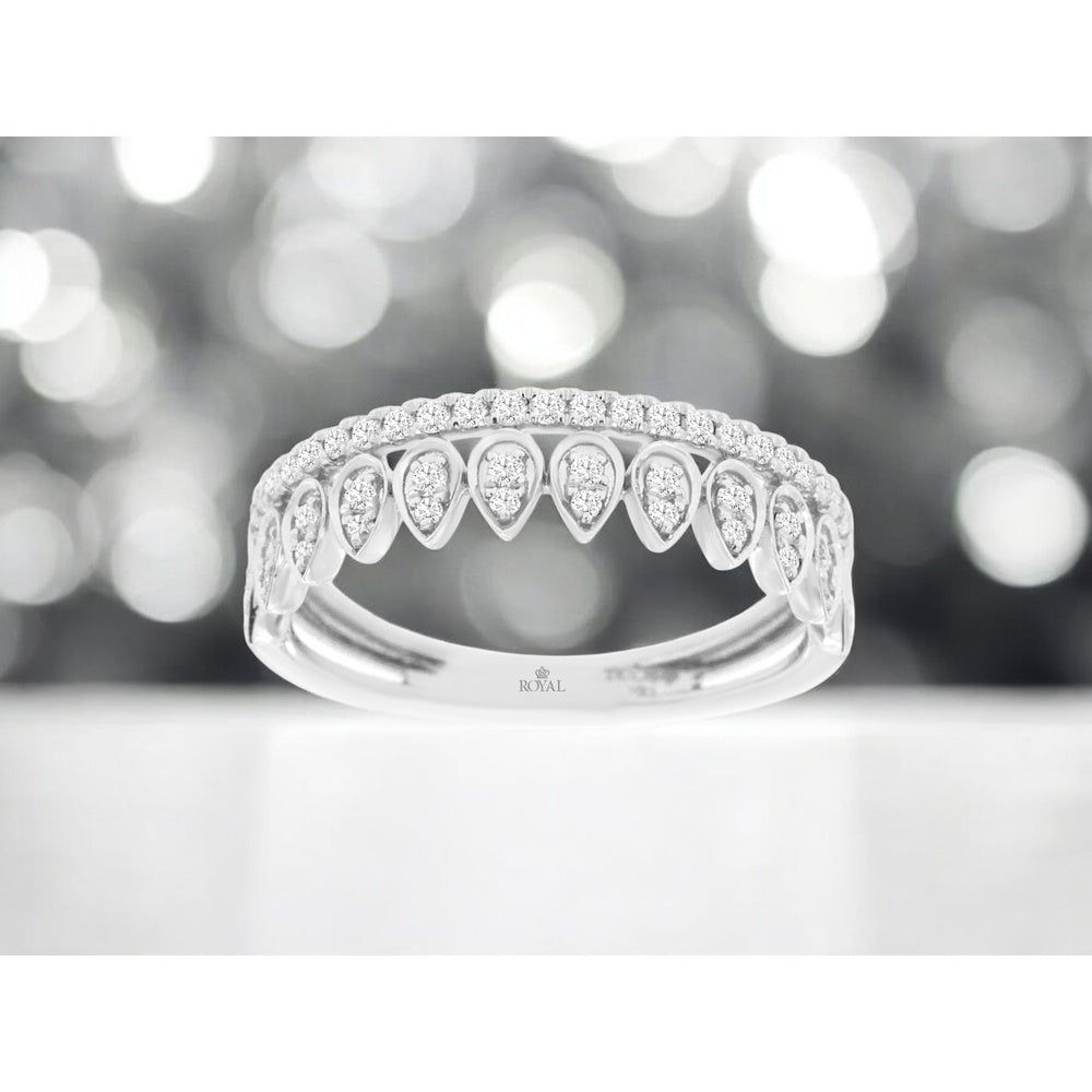 14K White Gold Crown-Inspired Wedding Band with Pear-Shaped Diamond Motifs and Milgrain Detail - 0.32 Carat Total Diamond Weight - Royal Jewelry