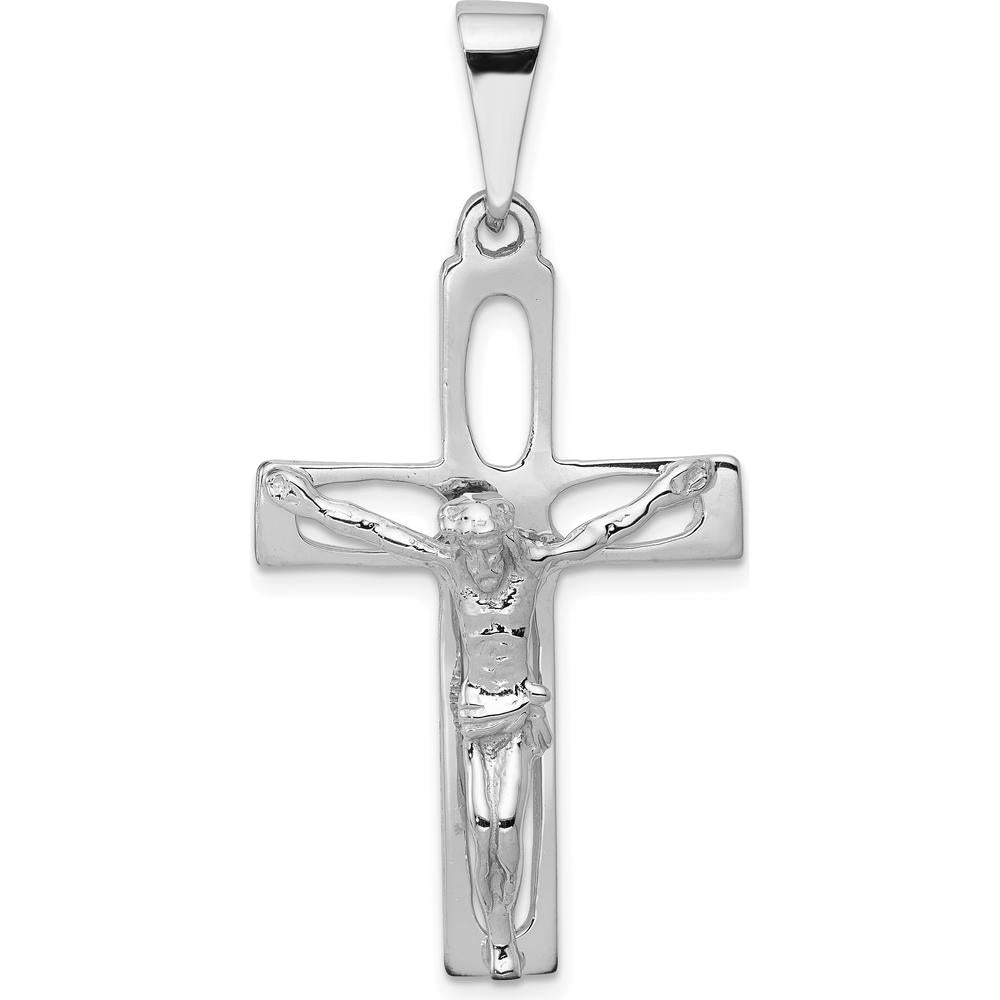 14K White Gold Crucifix Pendant - Rhodium Plated, 44mm Length, Solid Cast Design by Oro Pregiato