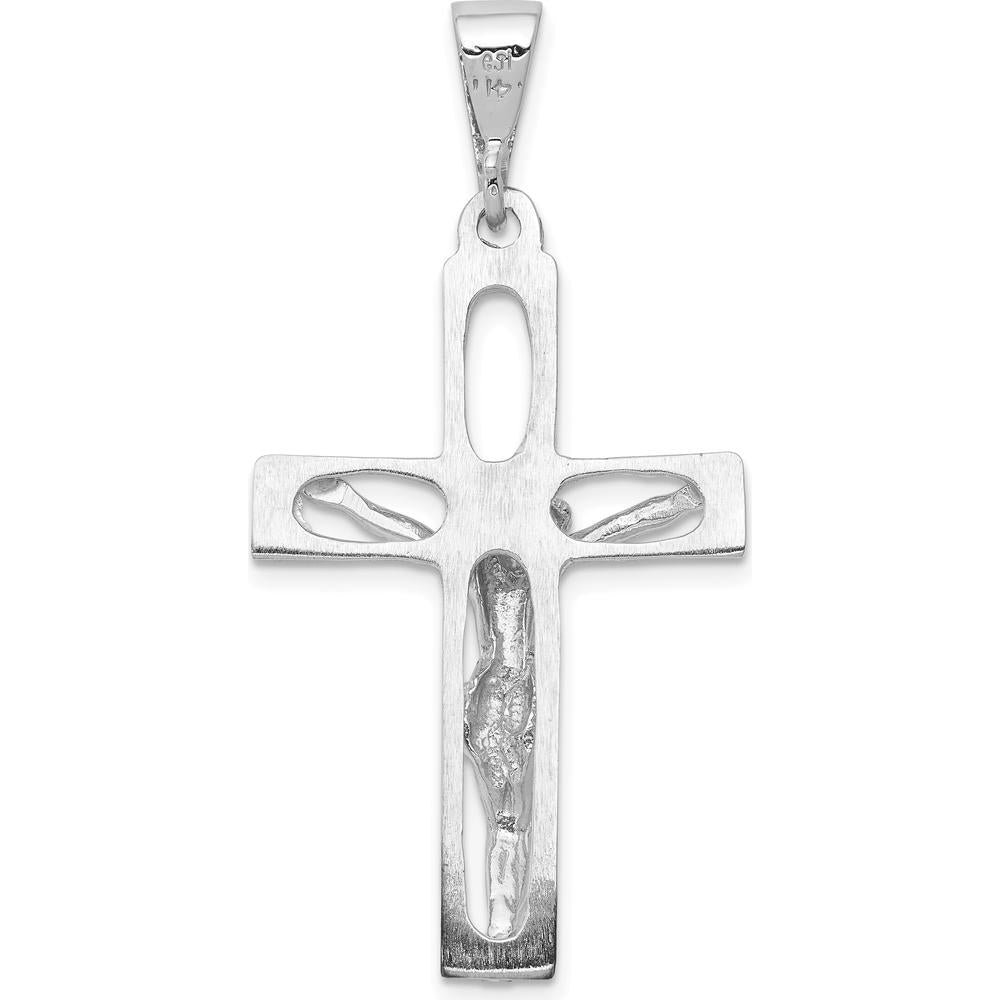 14K White Gold Crucifix Pendant - Rhodium Plated, 44mm Length, Solid Cast Design by Oro Pregiato