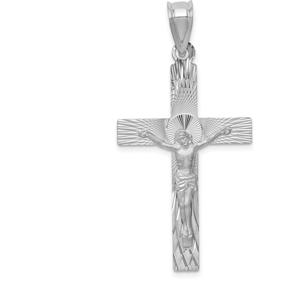 14K White Gold Crucifix Pendant with Diamond-Cut Texture - 46mm Length by Oro Pregiato