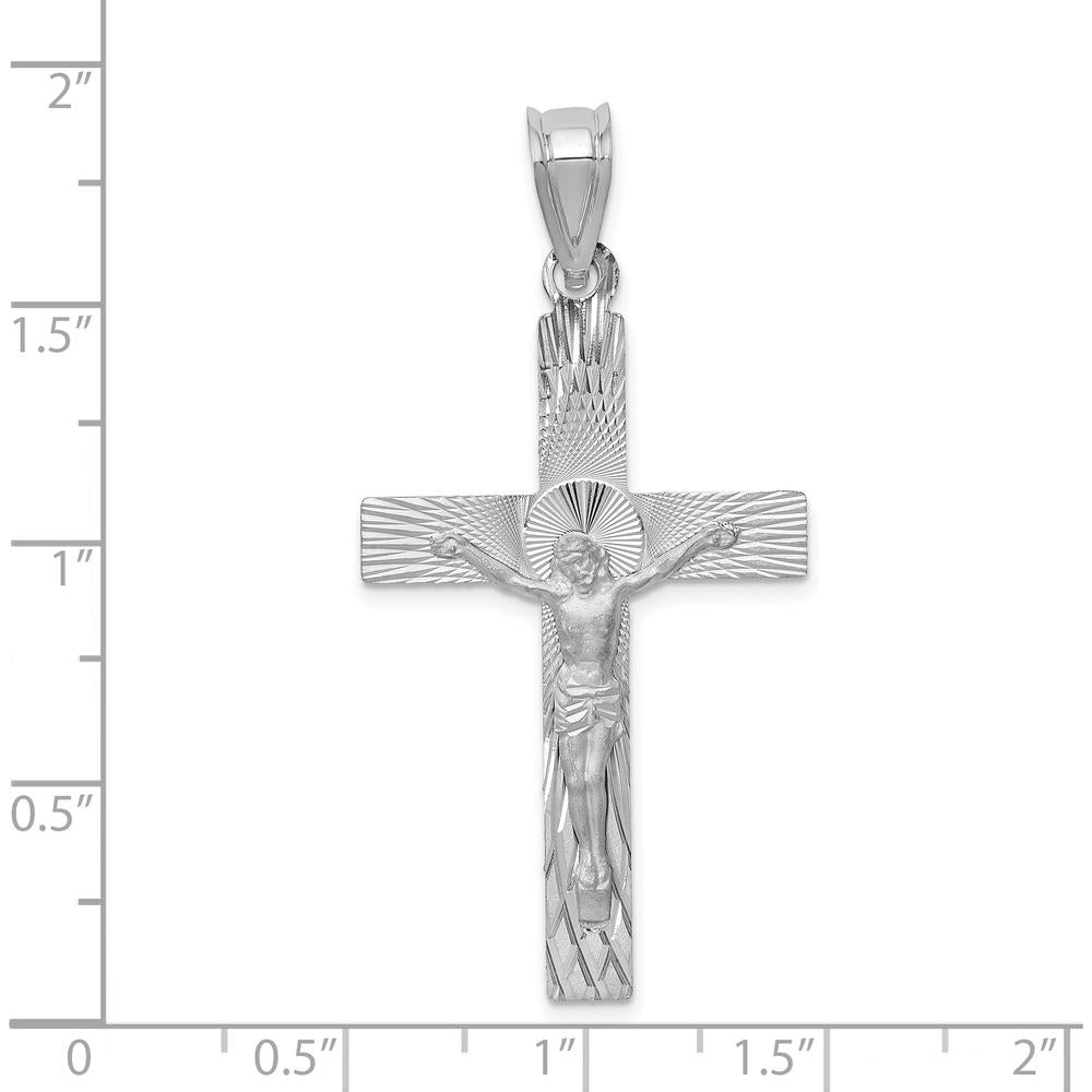 14K White Gold Crucifix Pendant with Diamond-Cut Texture - 46mm Length by Oro Pregiato