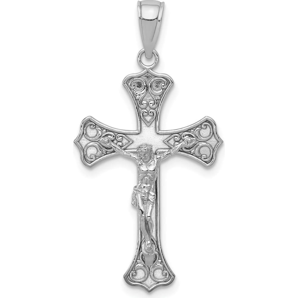14K White Gold Crucifix Pendant with Textured Design and Rhodium Plating by Oro Pregiato