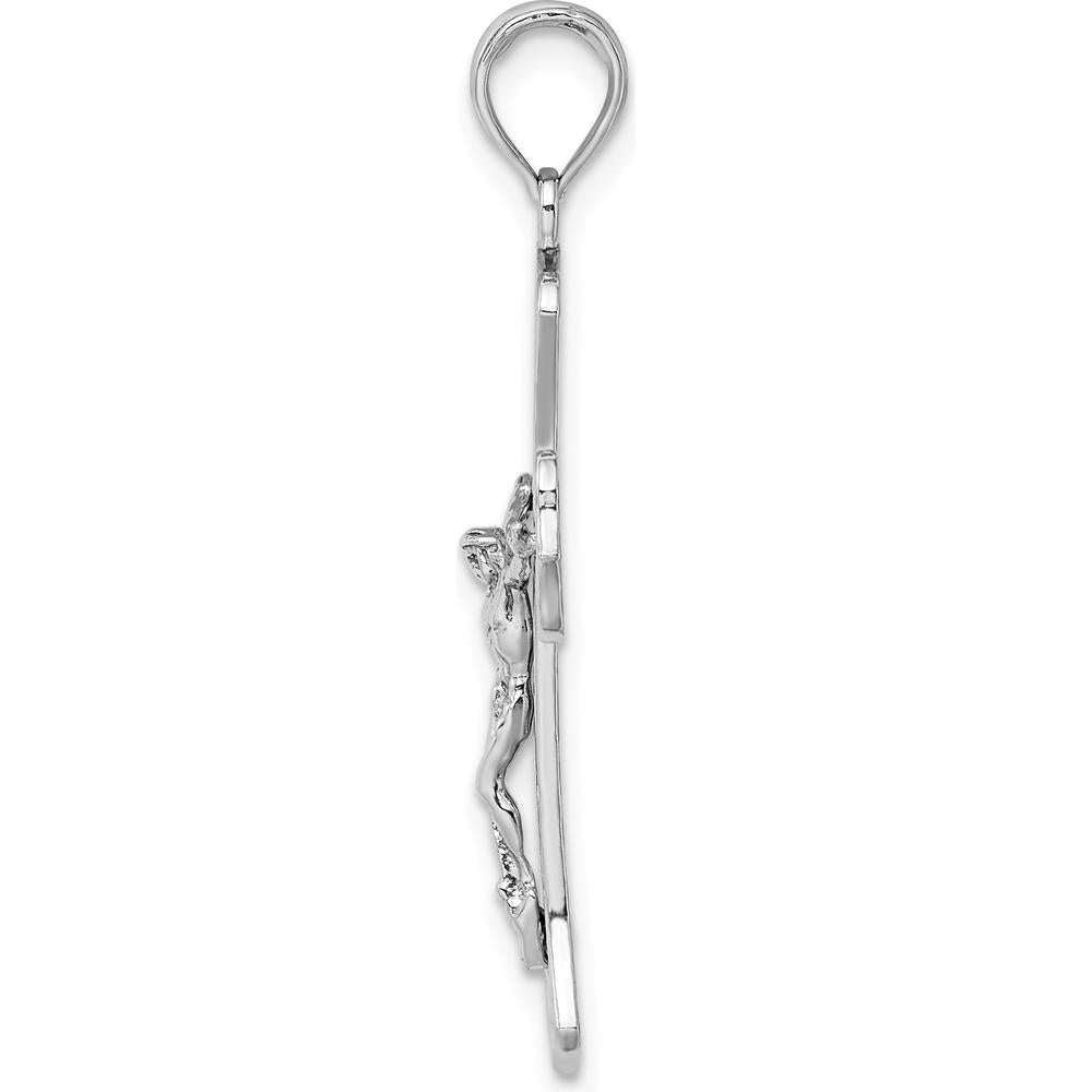 14K White Gold Crucifix Pendant with Textured Design and Rhodium Plating by Oro Pregiato