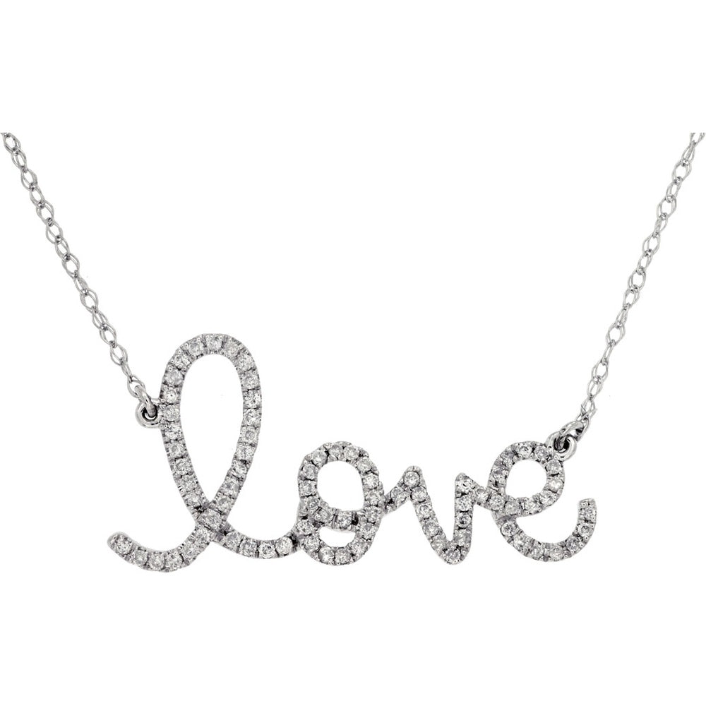 14K White Gold Cursive Love Pendant Necklace with Prong-Set Round Diamonds - 0.25 Carat Total Diamond Weight - Royal Jewelry