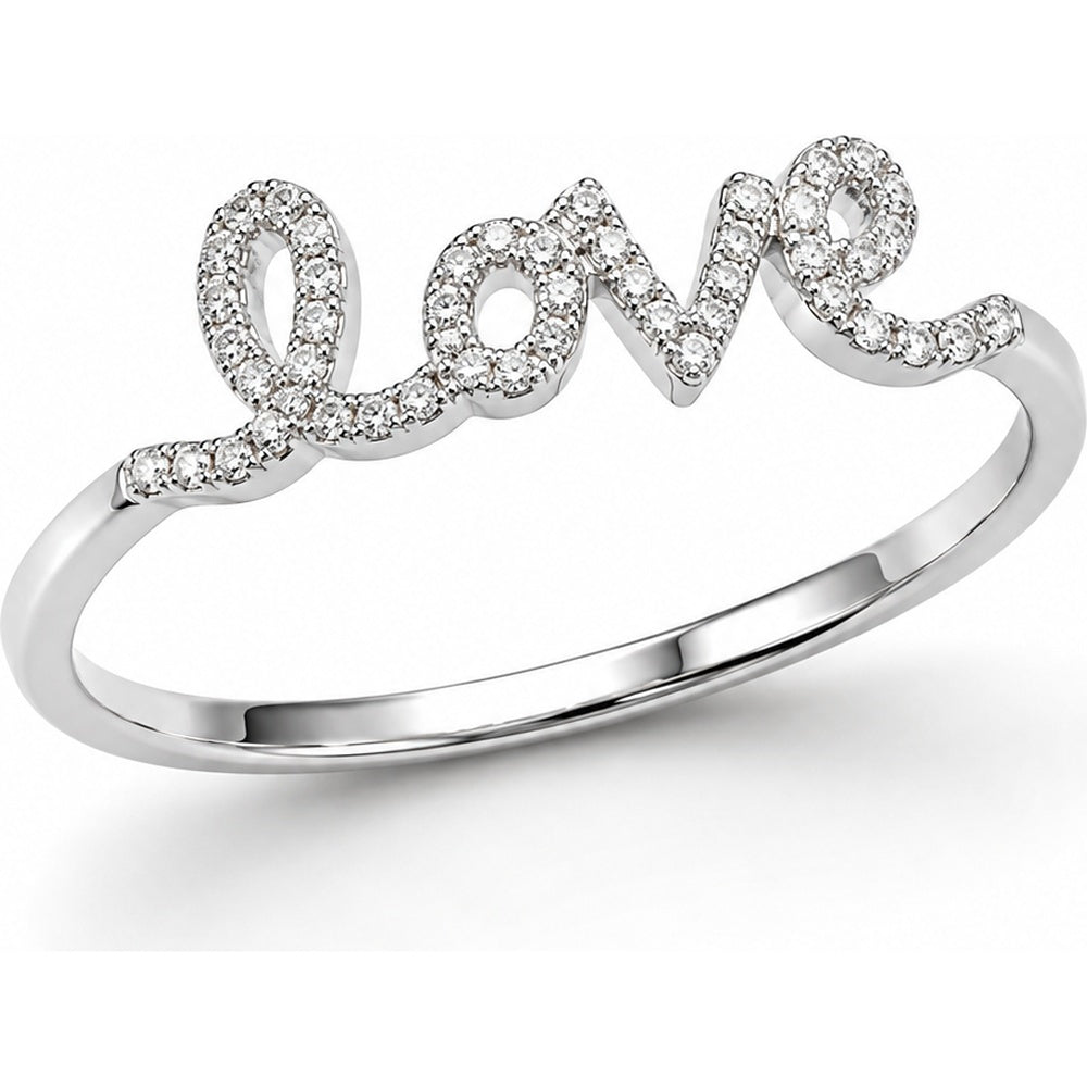 14K White Gold Cursive Love Script Ring with Pave Set Round Diamonds - 0.12 Carat Total Diamond Weight by Auriventus