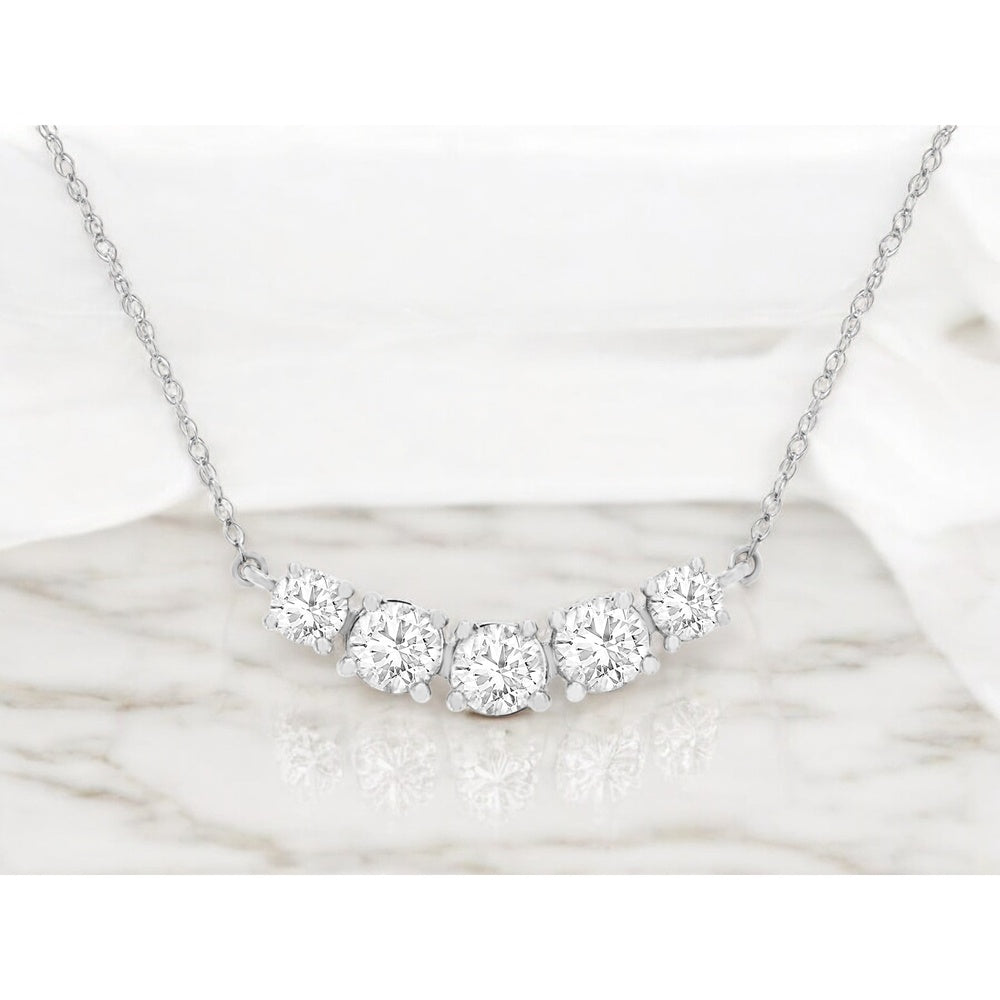 14K White Gold Curved 5-Stone Necklace with Round Brilliant Lab Grown Diamonds - 1.00 Carat Total Diamond Weight - Royal Jewelry