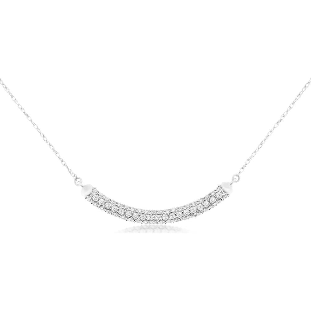 14K White Gold Curved Bar Diamond Necklace with Round Diamonds - 0.50 Carat Total Diamond Weight - Royal Jewelry