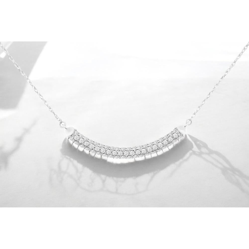 14K White Gold Curved Bar Diamond Necklace with Round Diamonds - 0.50 Carat Total Diamond Weight - Royal Jewelry