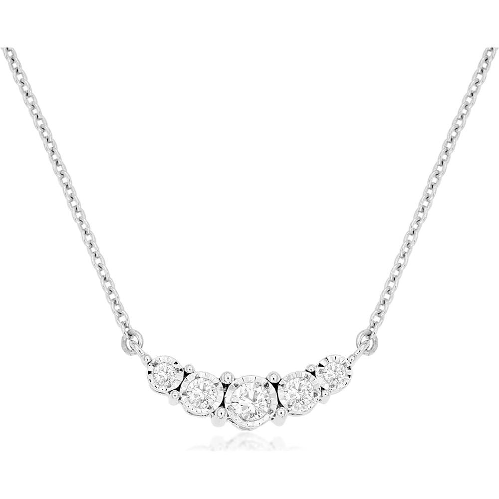 14K White Gold Curved Bar Necklace with Five Graduated Round Diamonds - 0.20 Carat Total Diamond Weight - Royal Jewelry