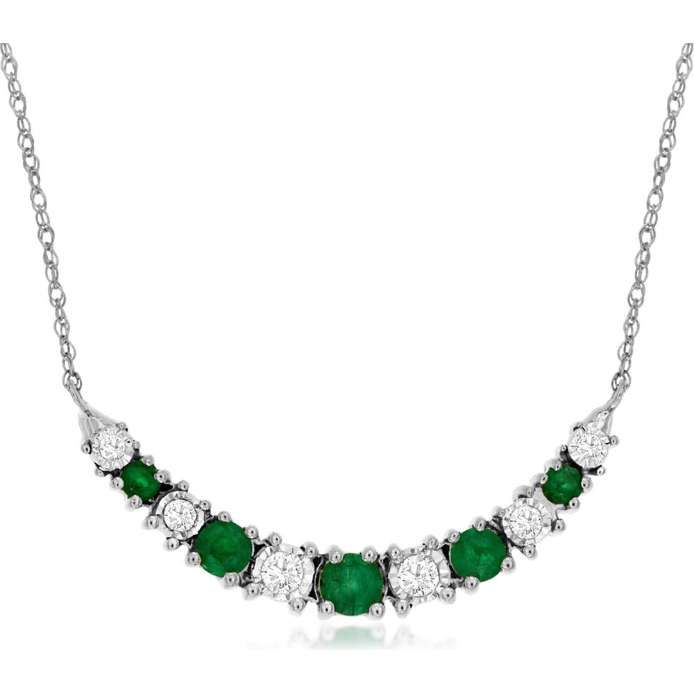 14K White Gold Curved Bar Necklace with Prong-Set Round Emeralds and Diamonds - 0.40 Carat Total Emerald Weight and 0.10 Carat Total Diamond Weight - Royal Jewelry