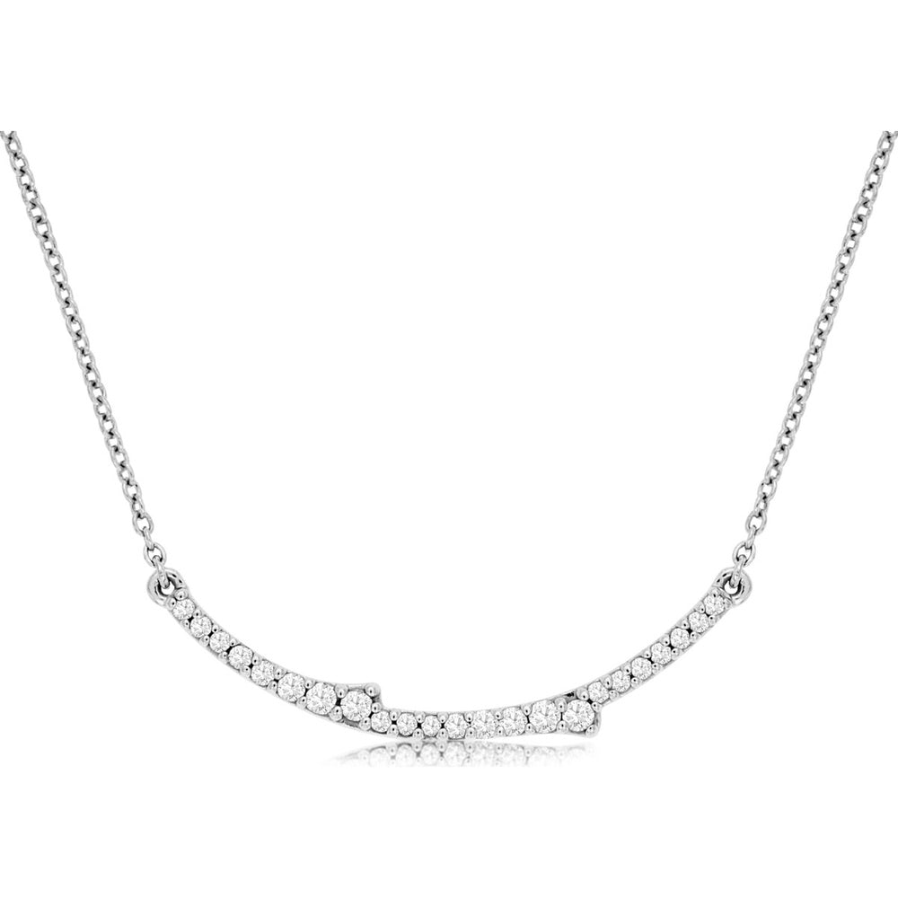 14K White Gold Curved Bar Necklace with Shared-Prong Set Round Diamonds - 0.17 Carat Total Diamond Weight - Royal Jewelry