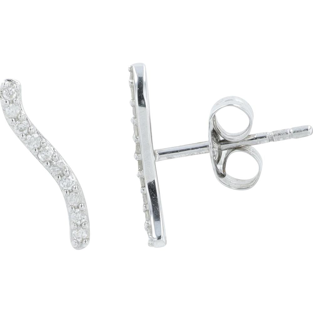14K White Gold Curved Bar Stud Earrings with Round Prong Set Diamonds - 0.10 Carat Total Diamond Weight