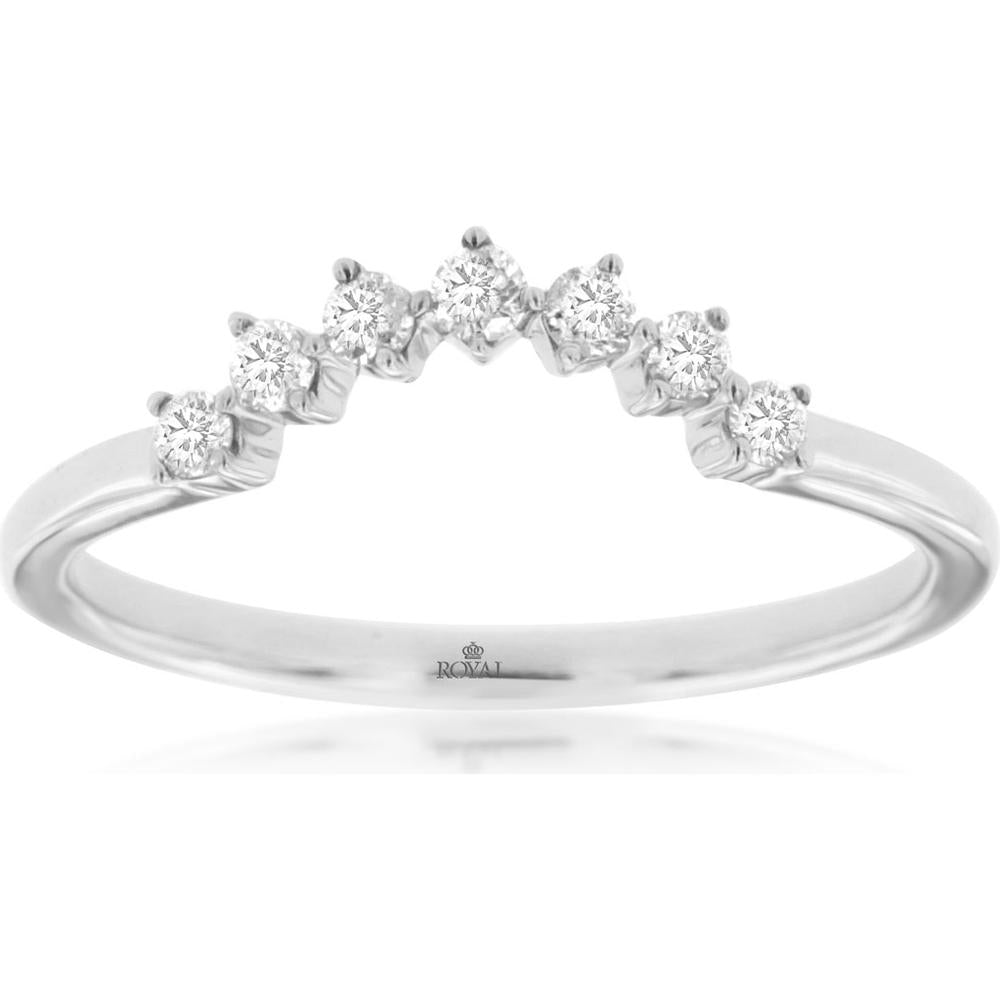 14K White Gold Curved Contoured Wedding Band with Seven Round Brilliant Diamonds - 0.17 Carat Total Diamond Weight - Royal Jewelry