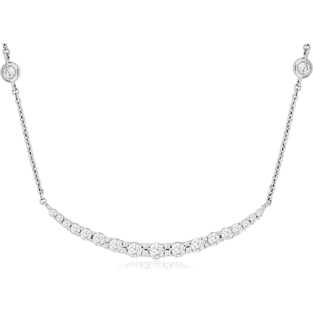 14K White Gold Curved Diamond Bar Necklace with Bezel Station Accents - 0.65 Carat Total Diamond Weight - Royal Jewelry