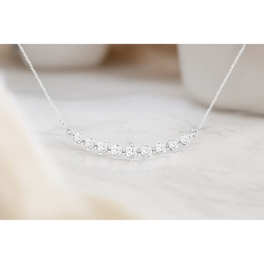 14K White Gold Curved Diamond Bar Necklace with Prong-Set Round Diamonds - 0.50 Carat Total Diamond Weight - Royal Jewelry