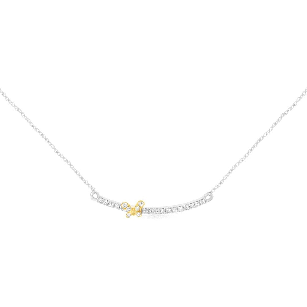 14K White Gold Curved Diamond Bar Necklace with Yellow Gold Butterfly Motif - 0.10 Carat Total Diamond Weight - Royal Jewelry