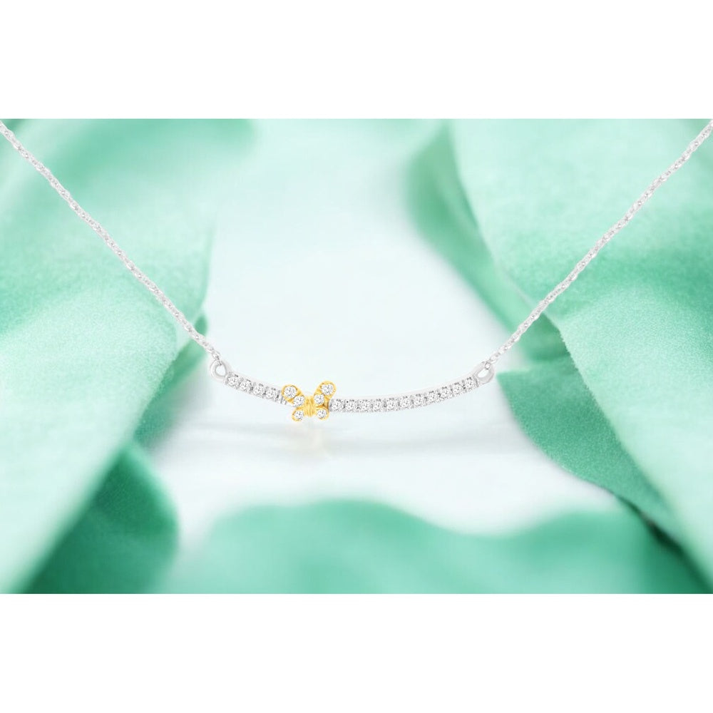 14K White Gold Curved Diamond Bar Necklace with Yellow Gold Butterfly Motif - 0.10 Carat Total Diamond Weight - Royal Jewelry