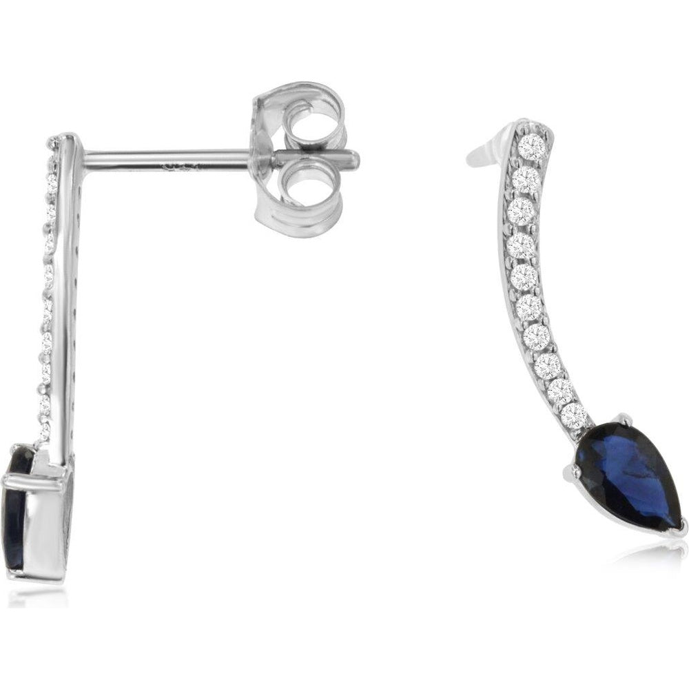 14K White Gold Curved Drop Earrings with Pavé Round Diamonds and Pear Cut Sapphires - 0.11 Carat Total Diamond Weight and 0.56 Carat Total Sapphire Weight - Royal Jewelry
