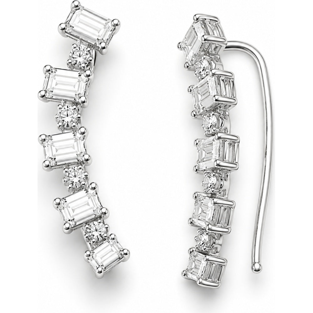 14K White Gold Curved Ear Climbers with Emerald Cut and Round Diamonds - 2.16 Carat Total Diamond Weight by Auriventus